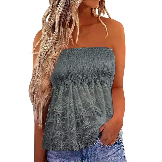 Loose Tank Tops Para Las Mujeres Mujeres encaje Bandeau Casual sin mangas verano vacaciones suelta vacaciones TubeTop camisa blusa plisada estiramiento túnica Top (Grey, XXL)