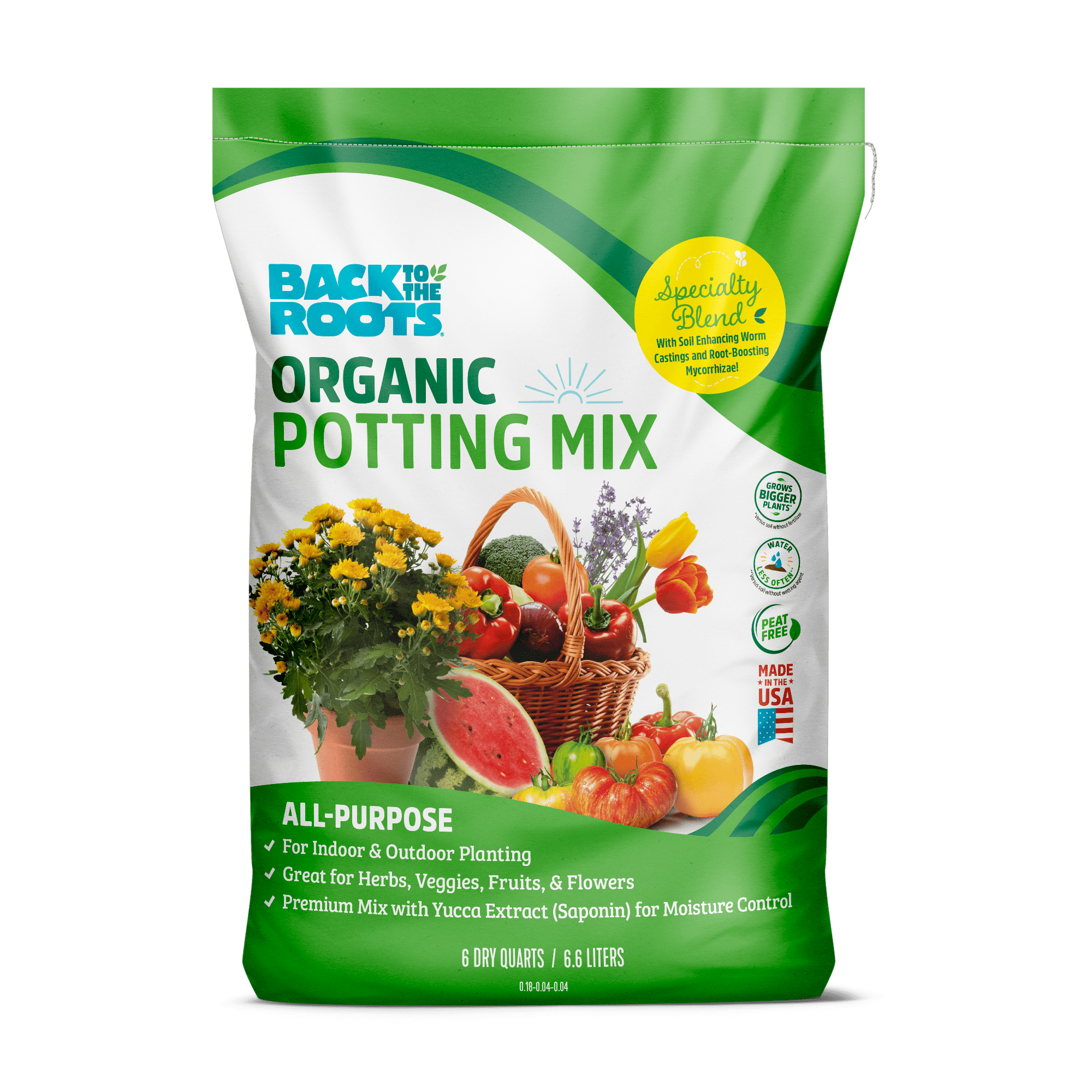 Back to the Roots Natural and Organic All-Purpose Potting Mix Soil, 6.6 Liter Bag