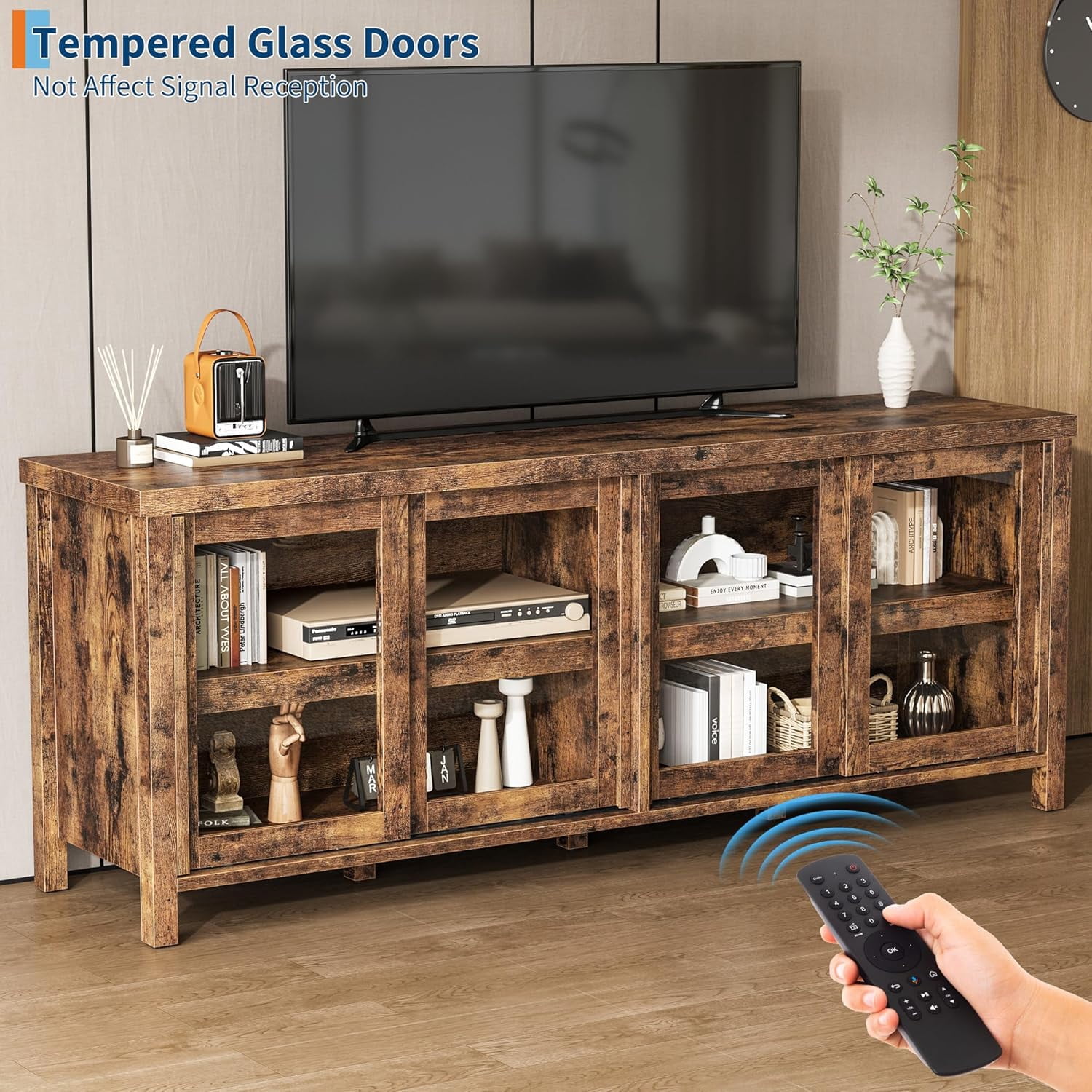 TV Stand for 65 Inch, Entertainment Center with Storage Cabinet and 4 Sliding Glass Doors, Mid Century Modern Media TV Console Table for Living Room Bedroom