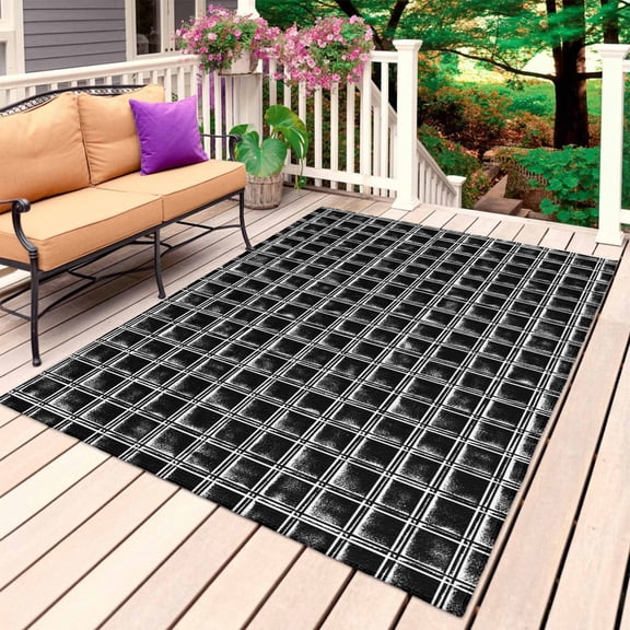 Black Plaid Outdoor Rug 3x5 Ft, Non Slip Washable Area Rug, Vintage Minimalism Abstract Lattice Striped Patio Rugs Carpet Runner, Large Floor Mat for Indoor/Outdoor Deck Porch Camping