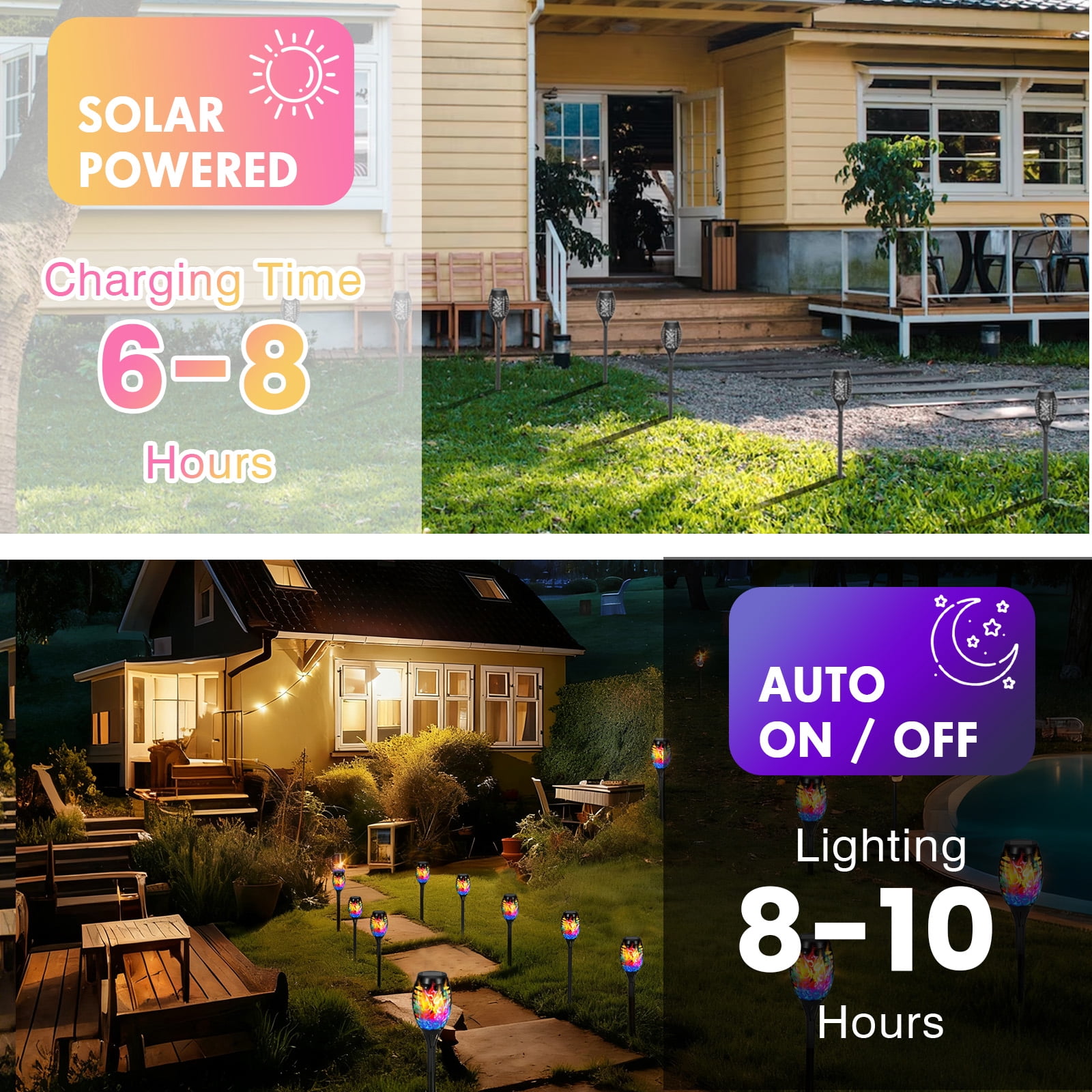 Flickering Flame Solar Lights Outdoor Decorative, 8 Pack Solar Garden Stake Lights Color Changing, Solar Torch Lights Outside for Yard, Patio, Garden, Pathway