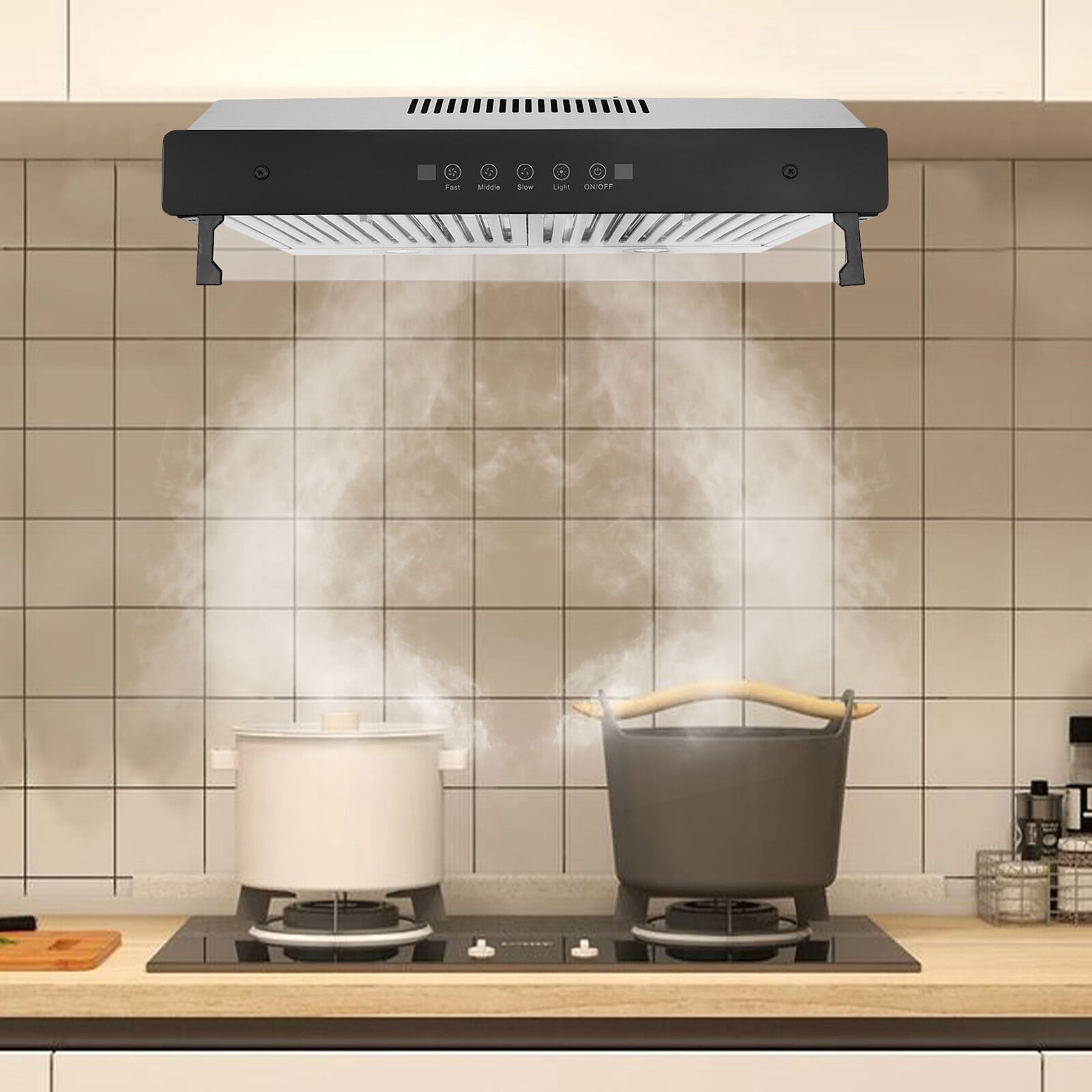 24inch Under Cabinet Range Hood Stainless Steel 900CFM Kitchen Vent Sliver 110-130V  2*200W for Home Kitchens, School Kitchens