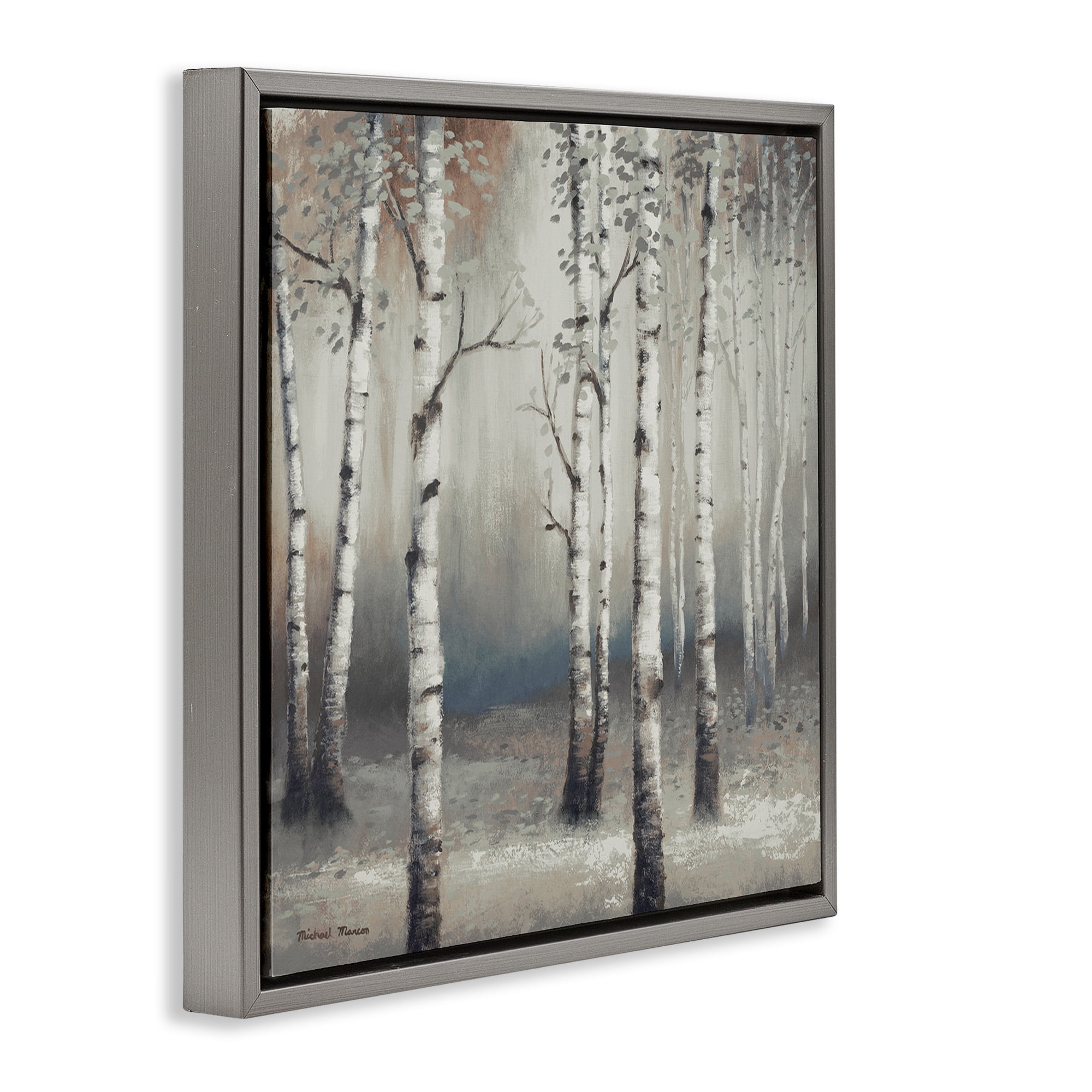 Stupell Industries Birch Trees with Misty Haze Botanical & Floral Painting Gray Floater Framed Canvas Art Print Wall Art, 25 x 25