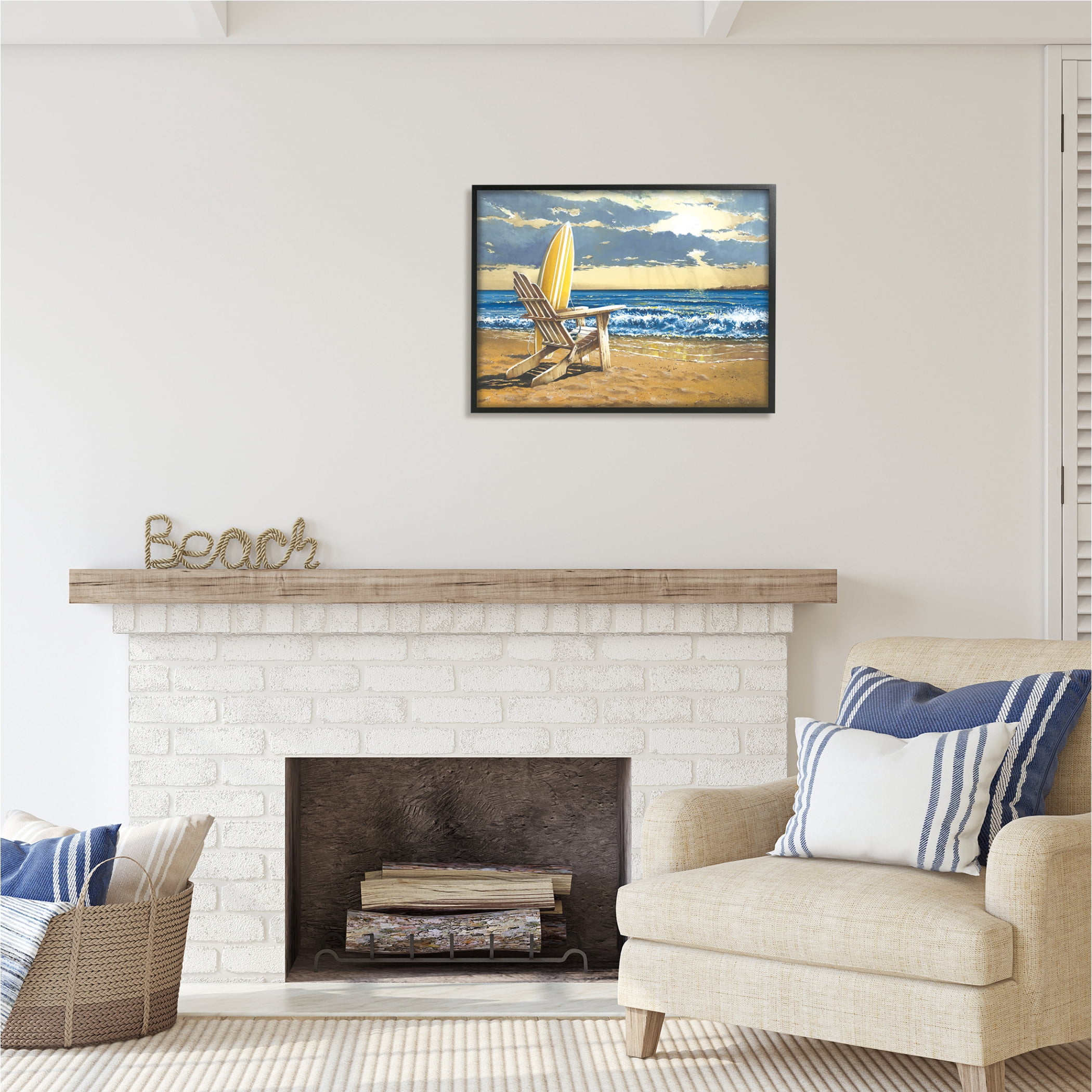 Stupell Industries Surfboard & Beach Waves Nature Painting Black Framed Art Print Wall Art, 30 x 24