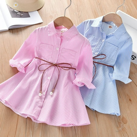 

MyBeauty Shirt Dress Stripe Pockets Middle Length Girls Lapel Long Sleeve Dress for Going Out Pink 2 Years