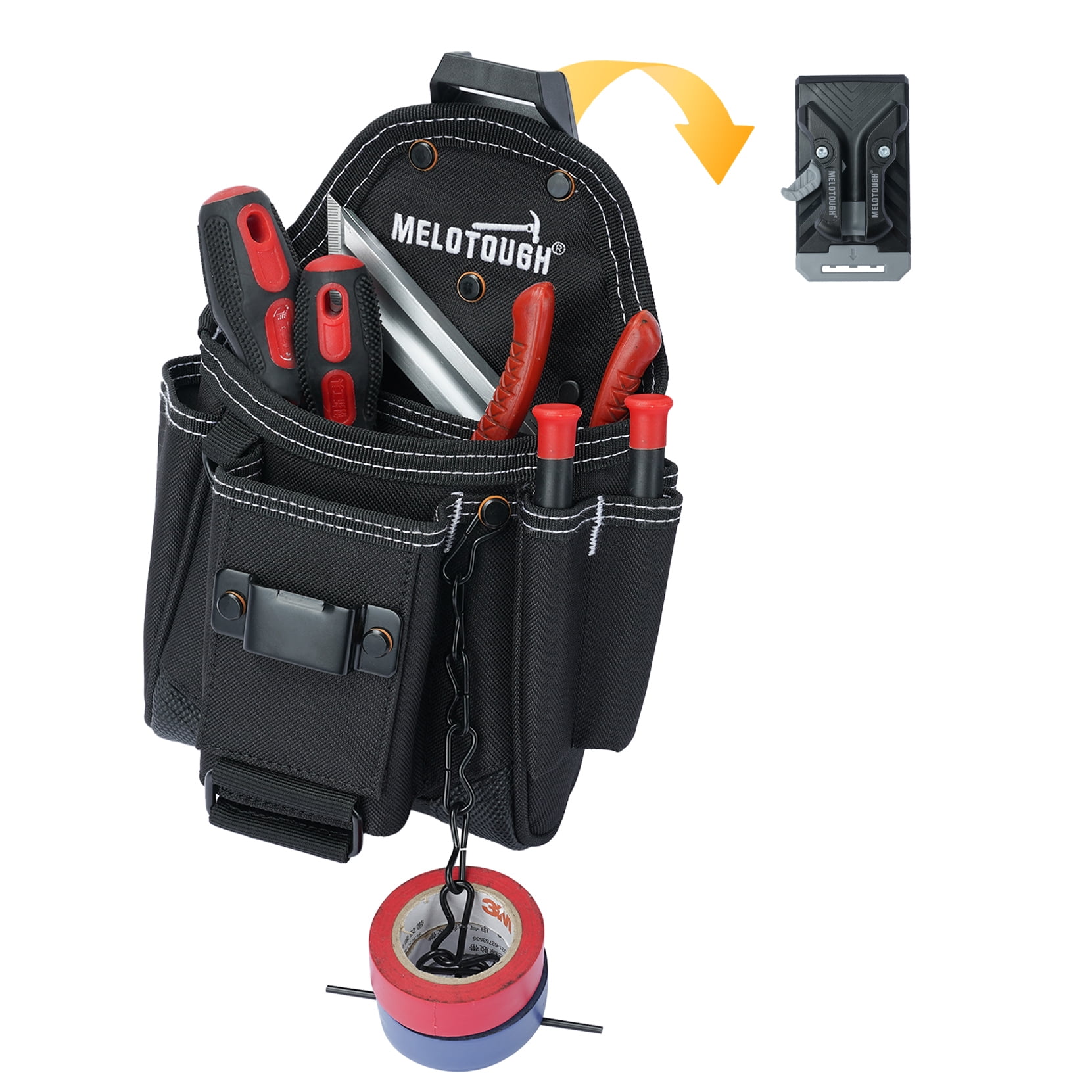 MELOTOUGH Small Electrician Tool Pouch With Belt Clip Attachment - 9 Pockets Tradesman Bag With Tape Thong - Holster for Electricians