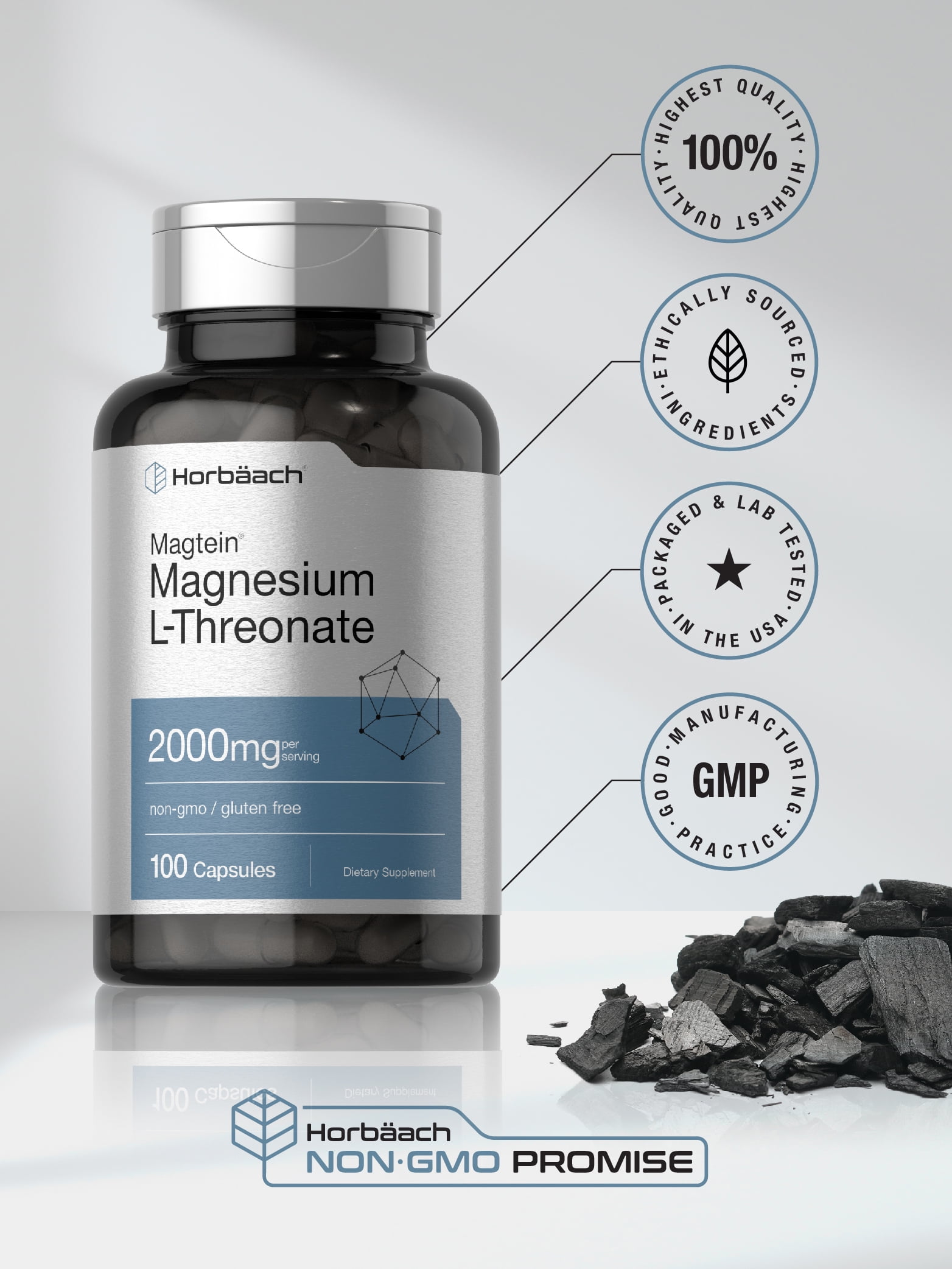 Magtein Magnesium L-Threonate Supplement for Men and Women | 2000mg | 100 Capsules | by Horbaach