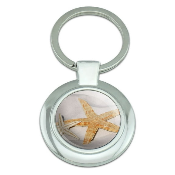 Starfish on Sand Classy Round Chrome Plated Metal Keychain