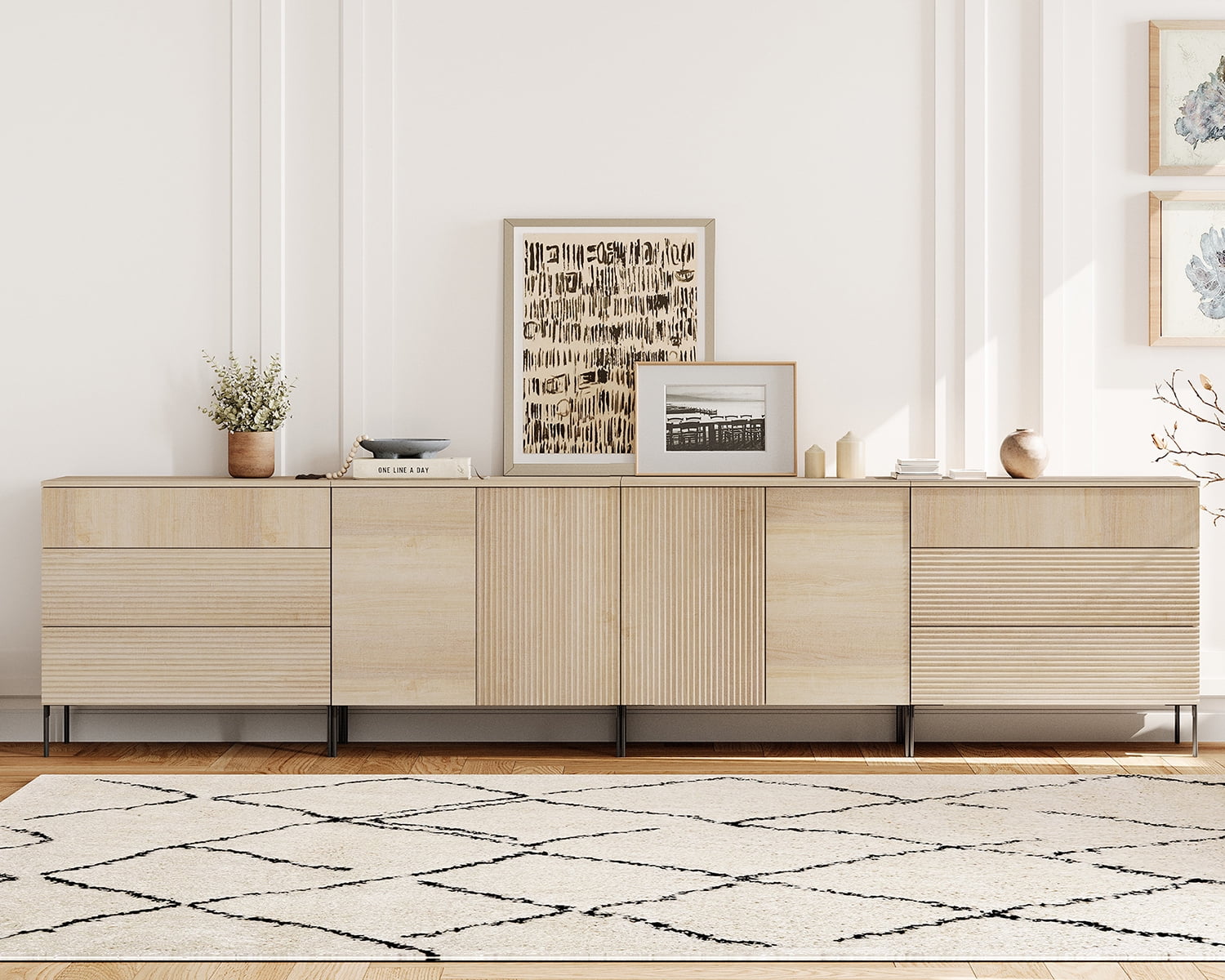 WAMPAT 126" TV Stand for TVs up to 120 Inch, Fluted Wood Media Console with 6 Drawers and 4 Doors, Push-to-Open Entertainment Center with Adjustable Shelves