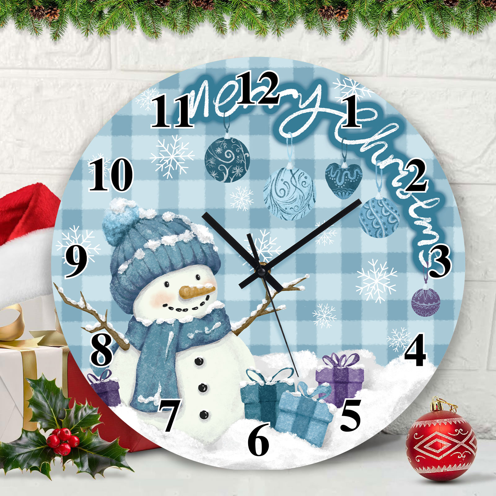Sanmadrola Christmas Decoration Wall Clock Home Indoor Decor Silent Non Ticking Wooden 12'' Snowman