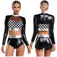 thumbnail image 5 of YiZYiF Womens 2 Piece Metallic Shiny Rave Outfits Long Sleeve Crop Top with Booty Shorts Clubwear Silver XL, 5 of 6