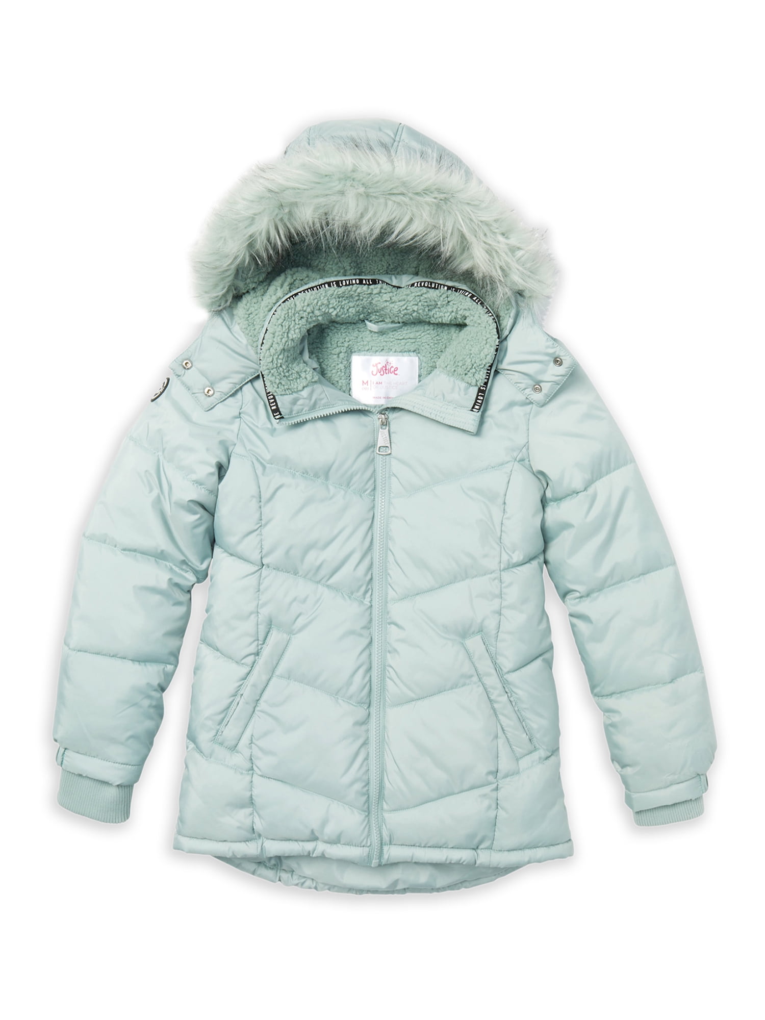 justice puffer coat with faux fur hood