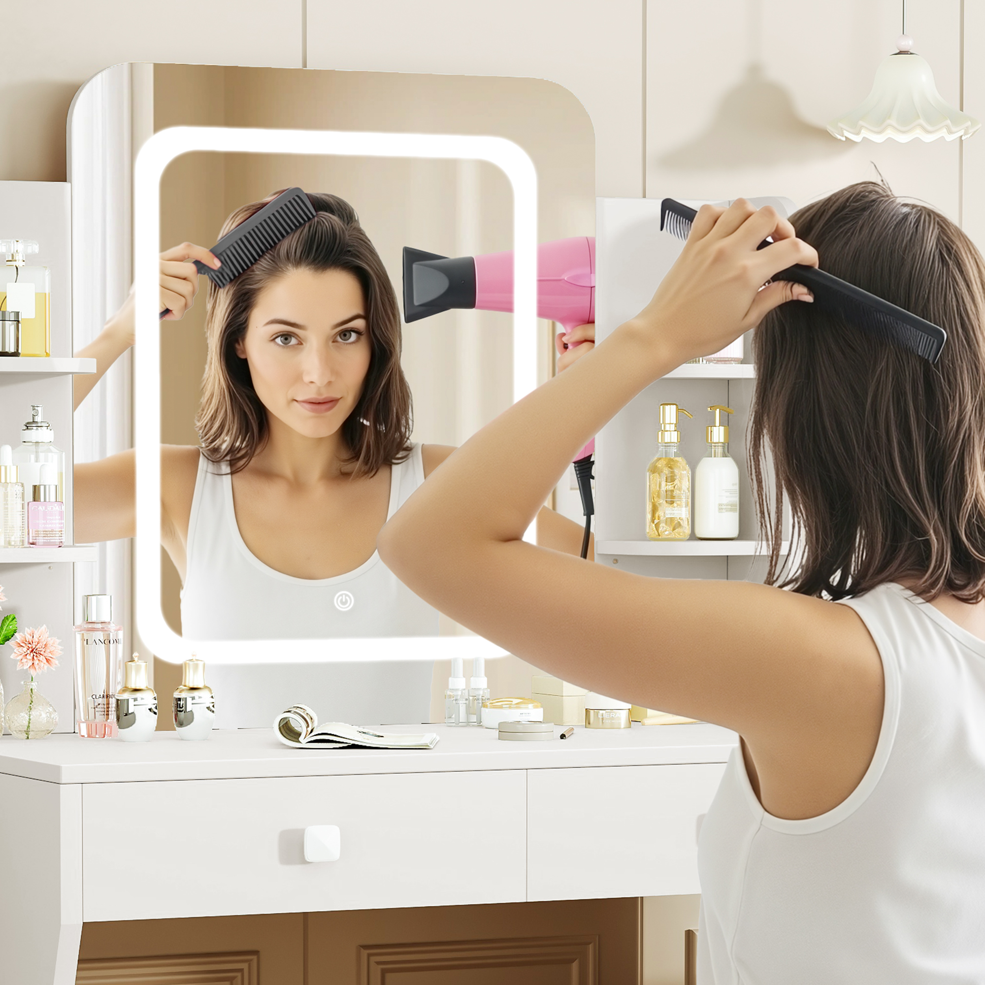 LIVELYGLOW Makeup Vanity Desk with Lighted Mirror, Vanity Set with 6 Open Shelves, 2 Drawers, Power Outlet & Hairdryer Holder, Vanity Dressing Table Perfect gift for Bedroom - White