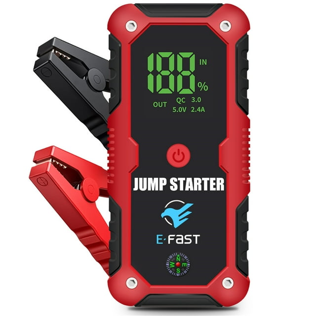 yeacher E-Fast 6000mAh Portable Car Jump Starter with LED Flashlight, 12V Vehicle Emergency Power Bank, Quick Charge 3.0 USB, Smart Clamps, and SOS Signal for Outdoor Use (Red)