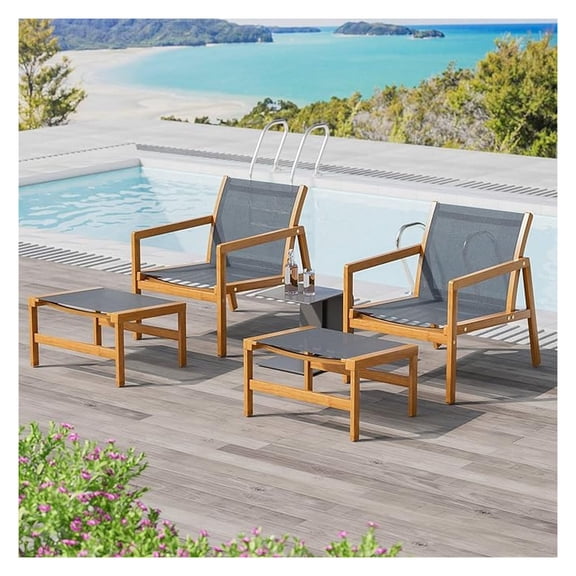 4 Piece Furniture Outdoor Wood Chair with Ottoman for Porch, Balcony, Deck, Patio, Backyard, Gray