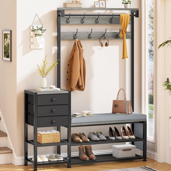 Coat Rack, Hall Tree with Bench and Shoe Storage, 7-in-1 Entryway Bench with Soft Cushion, Storage Bag, 3 Fabric Drawers(Grey)