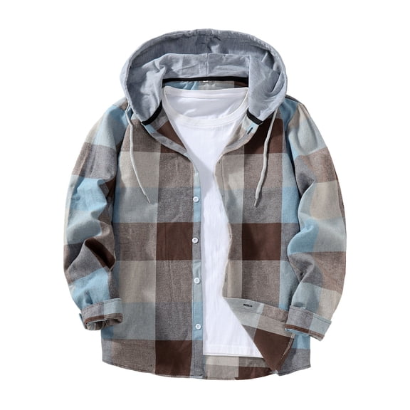 Luvrsol Mens Shirts Long Sleeve Button-Down Hooded Cardigan Jacket with Check Pattern, S-2XL