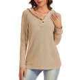 thumbnail image 2 of YUTK Hoodies for Women Button V Neck Waffle Knit Top Long Sleeve Shirts Fall Casual Comfy Pullover Sweatshirts Hooded Tops Khaki M, 2 of 6
