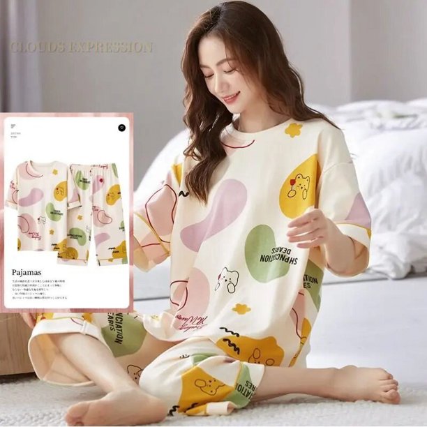 Pijama de punto de algodón con estampado de nubes para mujer, conjunto de dos piezas de manga corta, ropa de dormir de dibujos animados, Verano