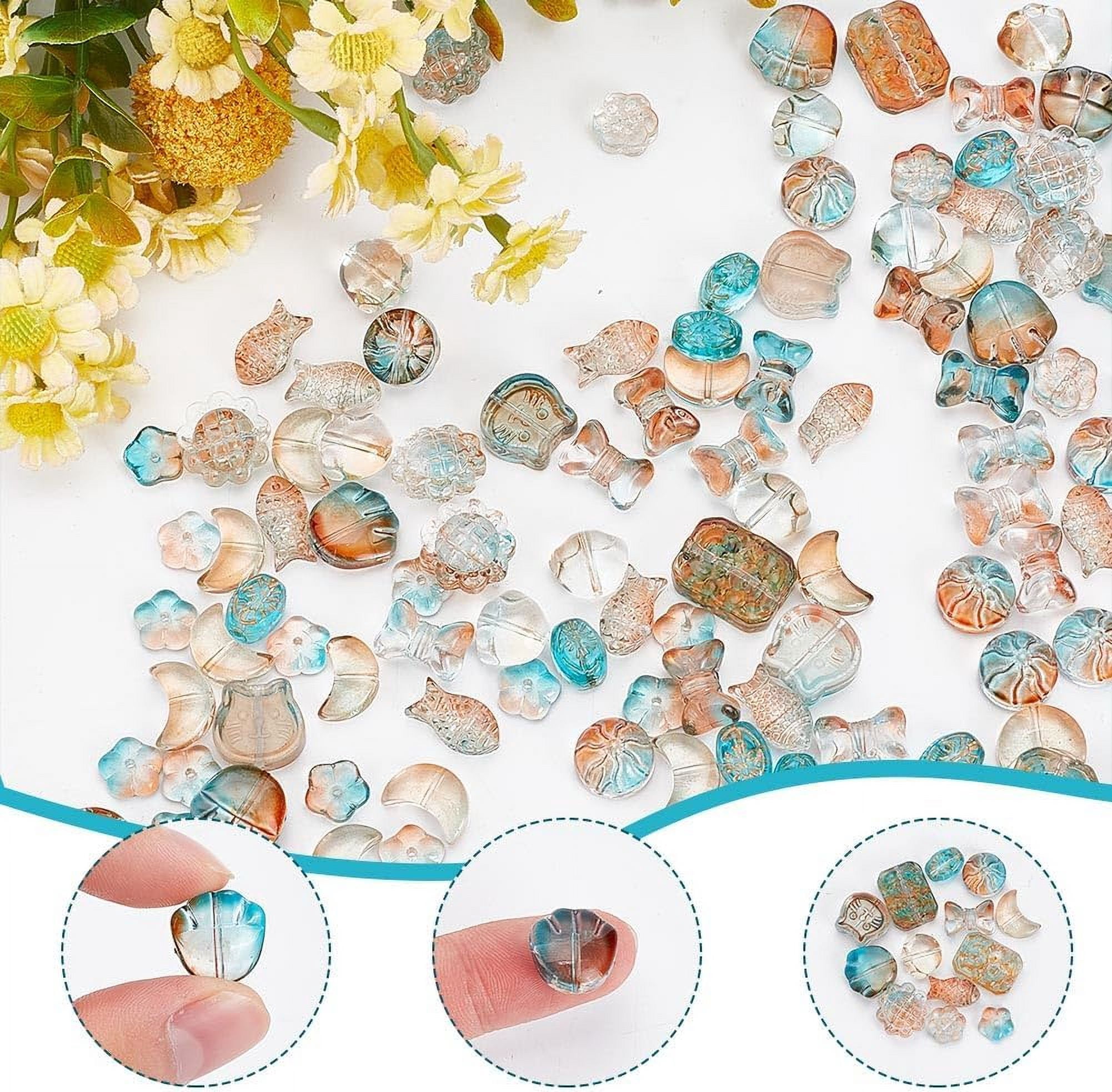 1box 240pcs 12 styles Transparent Spray Painted Glass Beads Rectangle & Sunflower & Fish & Bear & Cat Shape Mixed color 9.5~18x8~14x4~7m Hole: 1~1.4mm 20pcs/style
