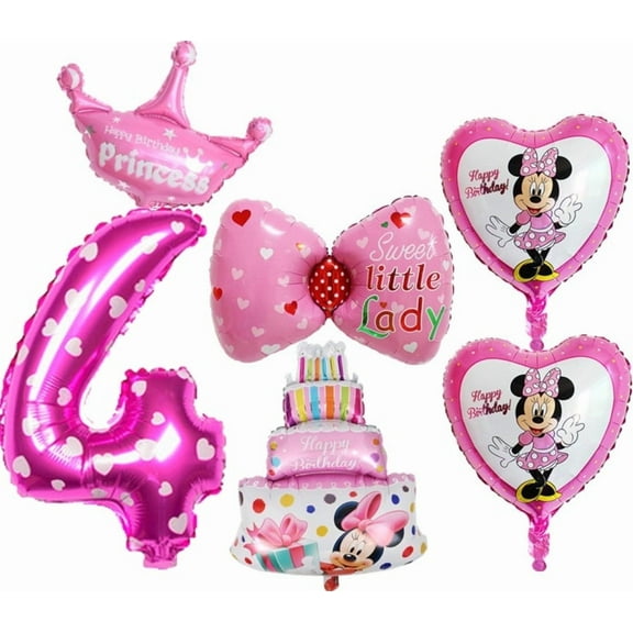 BCD-PRO Balloons Set, Mickey Mouse Minnie Mouse Theme, Pink Foil, 4th Birthday Party Decorations, 6 Pieces, 33 Inches