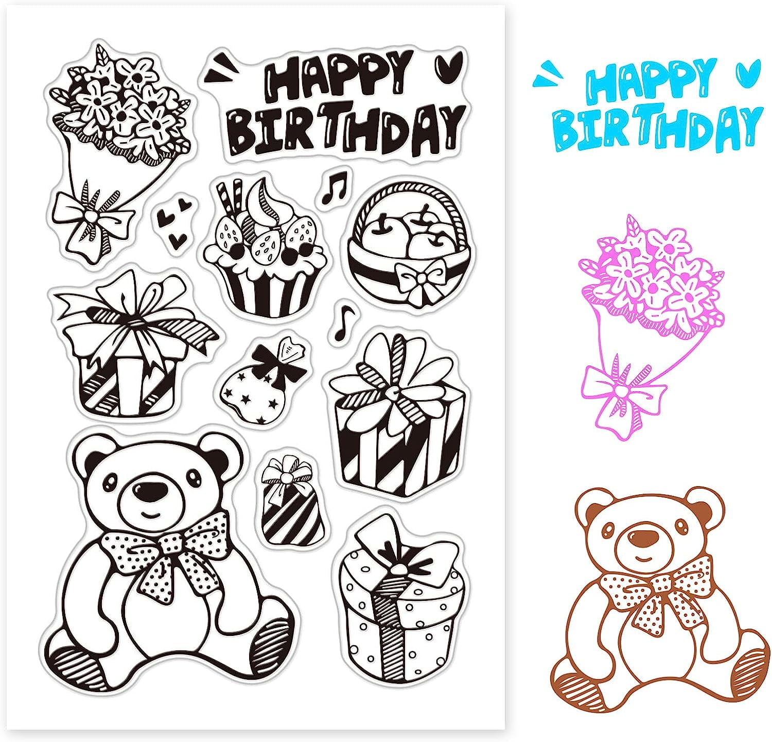 Happy Birthday Clear Stamps Silicone Stamp Cards Cake Gift Bear Flower Blessing Words Clear