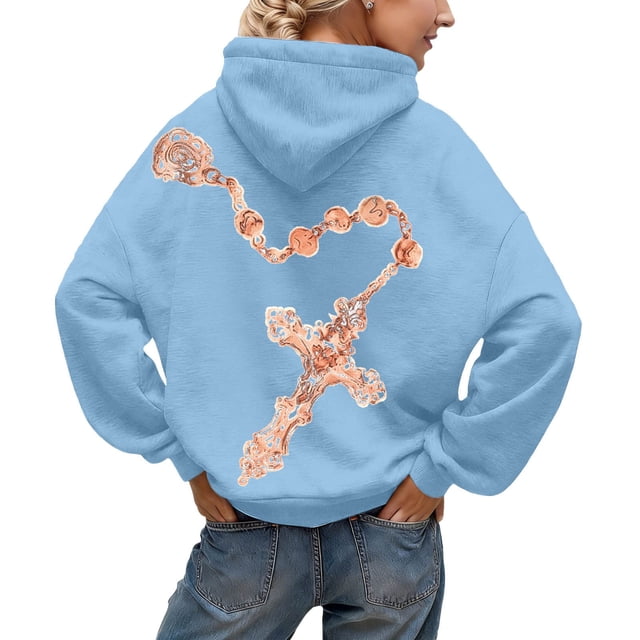 AWZXDE Couleur Unie avec Motif Imprimé Mode Décontractée Chandail à Capuchon pour Femmes Sportif et Coupe Ample Veste de Survêtement Activités de Plein Air et Style Mode Urbaine Décontracté Bleu Ciel,P