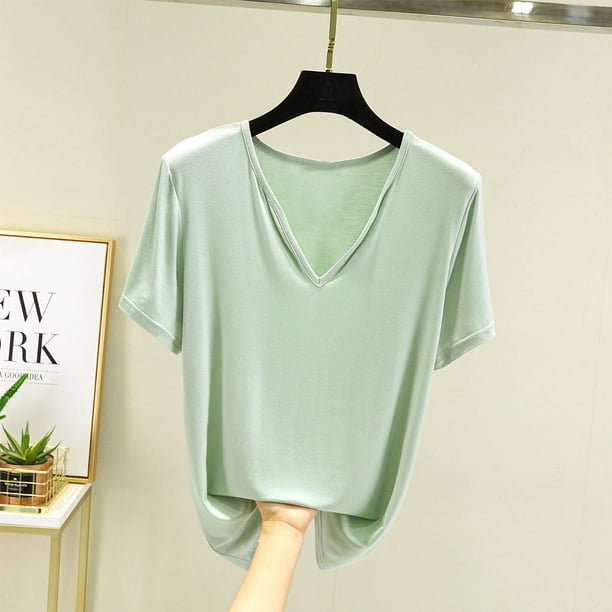 Fiudx Ofertas de La Semana Camiseta Holgada de Manga Corta de Color Sólido Informal con Cuello En V para Mujer Top/Camisa de Manga Corta con Cuello En V