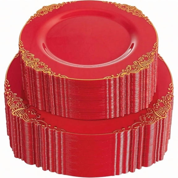 102PCS Christmas Red and Gold Plastic Plates - Xmas Red Plates Disposable - Vintage Plastic Plate with Gold Rim Include 51PCS Dert 51PCS Dinner Plate Perfect for Weddings New Year