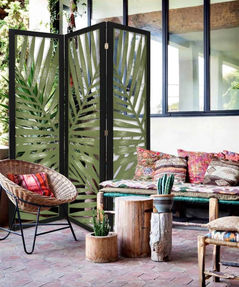 Sg-363 Tropical Leaf Design 3 Panel Wooden Papete Screen Room Divider - Green