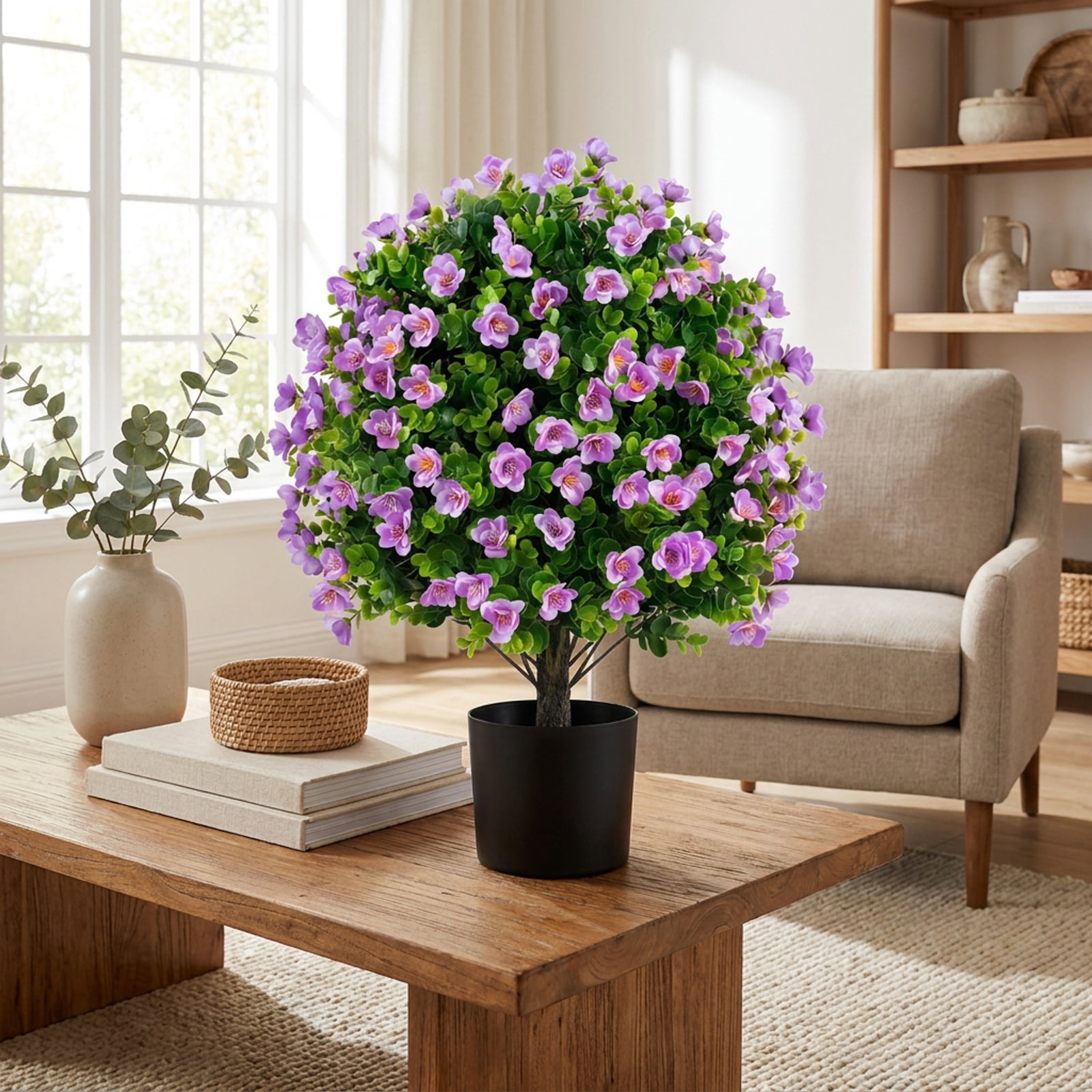 Vebreda Artificial Plant Decor, 2 Pack Artificial Eucalyptus Topiary Trees with Flowers and Cement Planter for Home, Lifelike Eucalyptus Bush