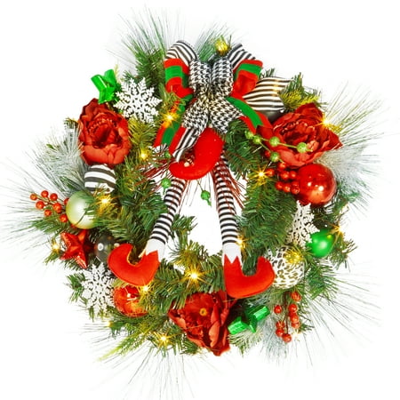 

ABUKY 24 Inch Pre-lit Christmas Wreath for Front Door Battery Operated Xmas Wreath with 20 LED Lights and Elf Legs Boot Christmas Ball Ornaments Flowers Ribbon Bows for Home Holiday Decor