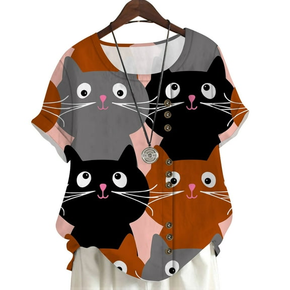 CLOOCL Crew Neck Blouse Lovely Cat 3D Printed Short Sleeve Tops Plus Size