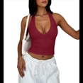 thumbnail image 1 of Top Corto Sin Mangas con Cuello Halter y Escote en V Profundo para Mujer, Ajustado, Sin Espalda y para Salir de Verano. Rojo M, 1 of 10