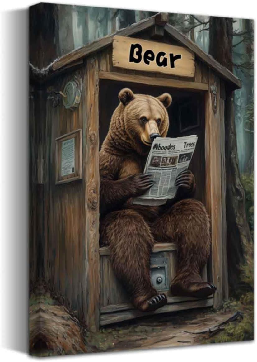 JANS.NO1 Bear Canvas Wall Art Rustic Bear In Outhouse Toilet Reading Newspaper Poster Prints Forest Wildlife Picture Farmhouse Cabin Bathroom Decor