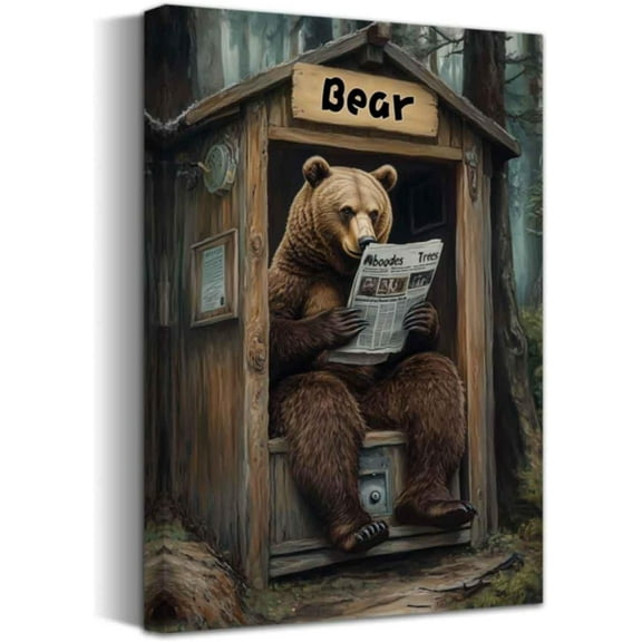 JANS.NO1 Bear Canvas Wall Art Rustic Bear In Outhouse Toilet Reading Newspaper Poster Prints Forest Wildlife Picture Farmhouse Cabin Bathroom Decor