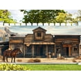 thumbnail image 3 of 8X6 ft Western Cowboy Bank Garage Door Background Vintage Wild West Wooden House Photography Pictures Backdrop Old Horse Barn Western Cowboy Theme Party Indoor Outdoor Decor Banner Cover, 3 of 5