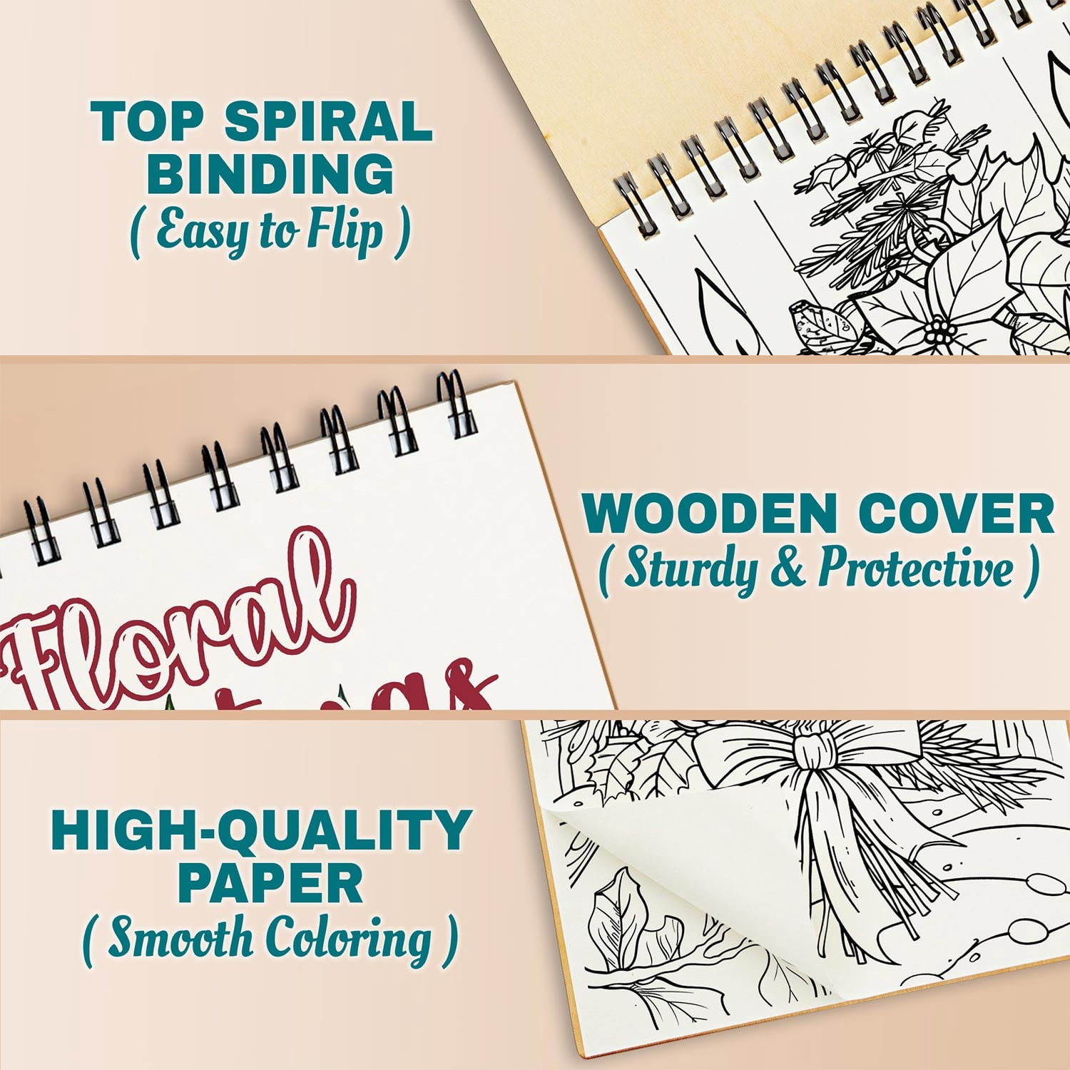 Netecom Floral Christmas Coloring Book Spiral Bound for Adults, A5 Wooden Cover, 30 Beautiful Coloring Pages of Xmas Flowers for Stress Relief and Relaxation