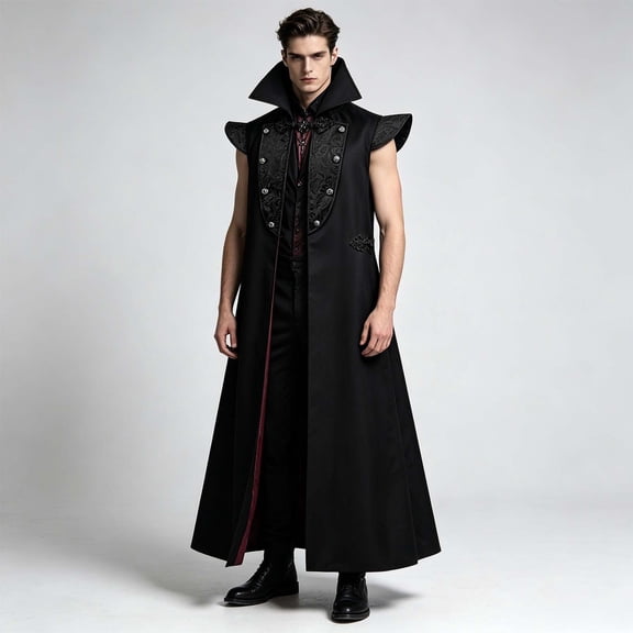 JOANKDMI Mens Gothic Steampunk Long Vest Sleeveless Victorian Tailcoat Vintage Stand Collar Open Front Trench Coat Jacket for Halloween Renaissance Pirate Cosplay