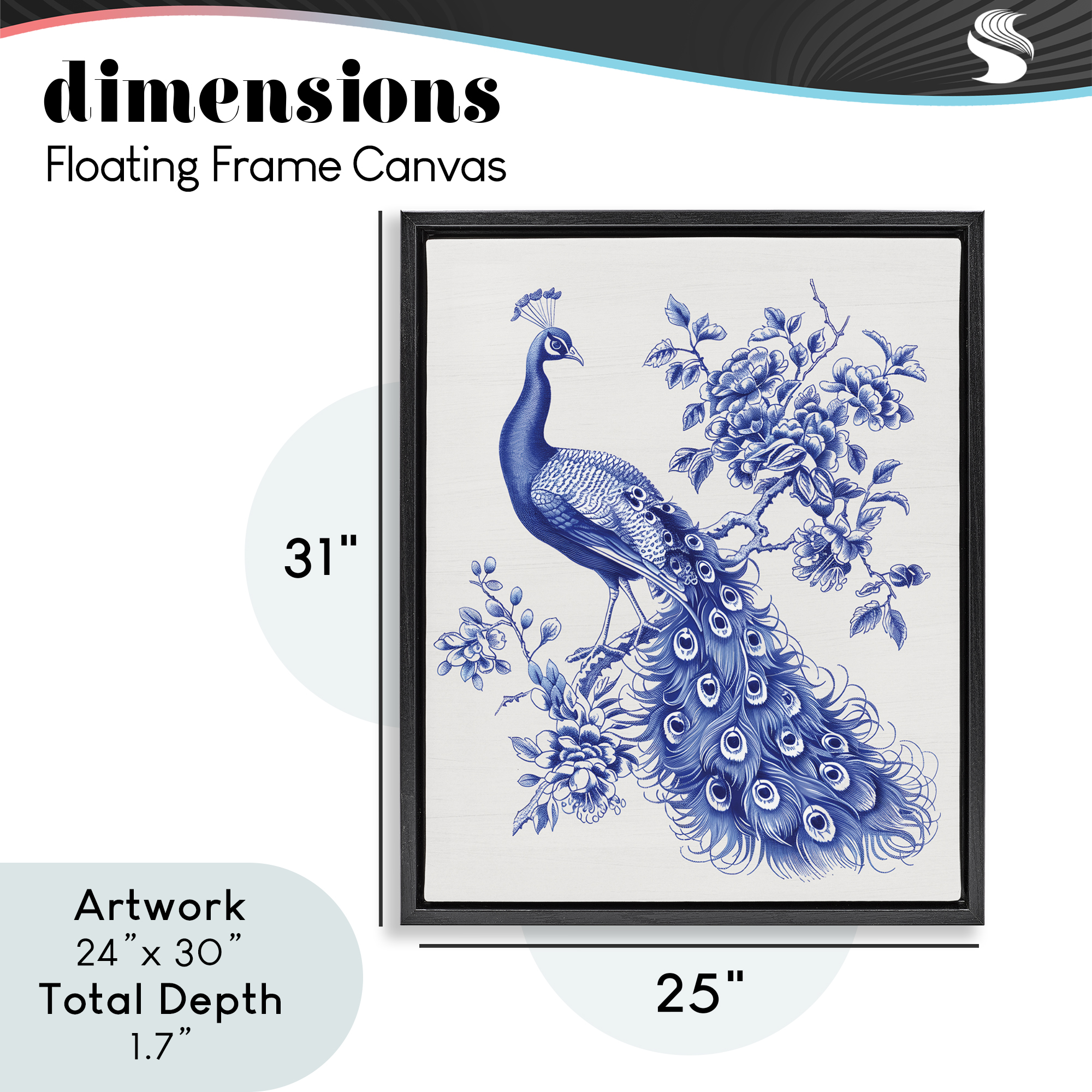 Vintage Peacock in Toile Style Black Framed Floater Canvas Wall Art, design by Lettered and Lined