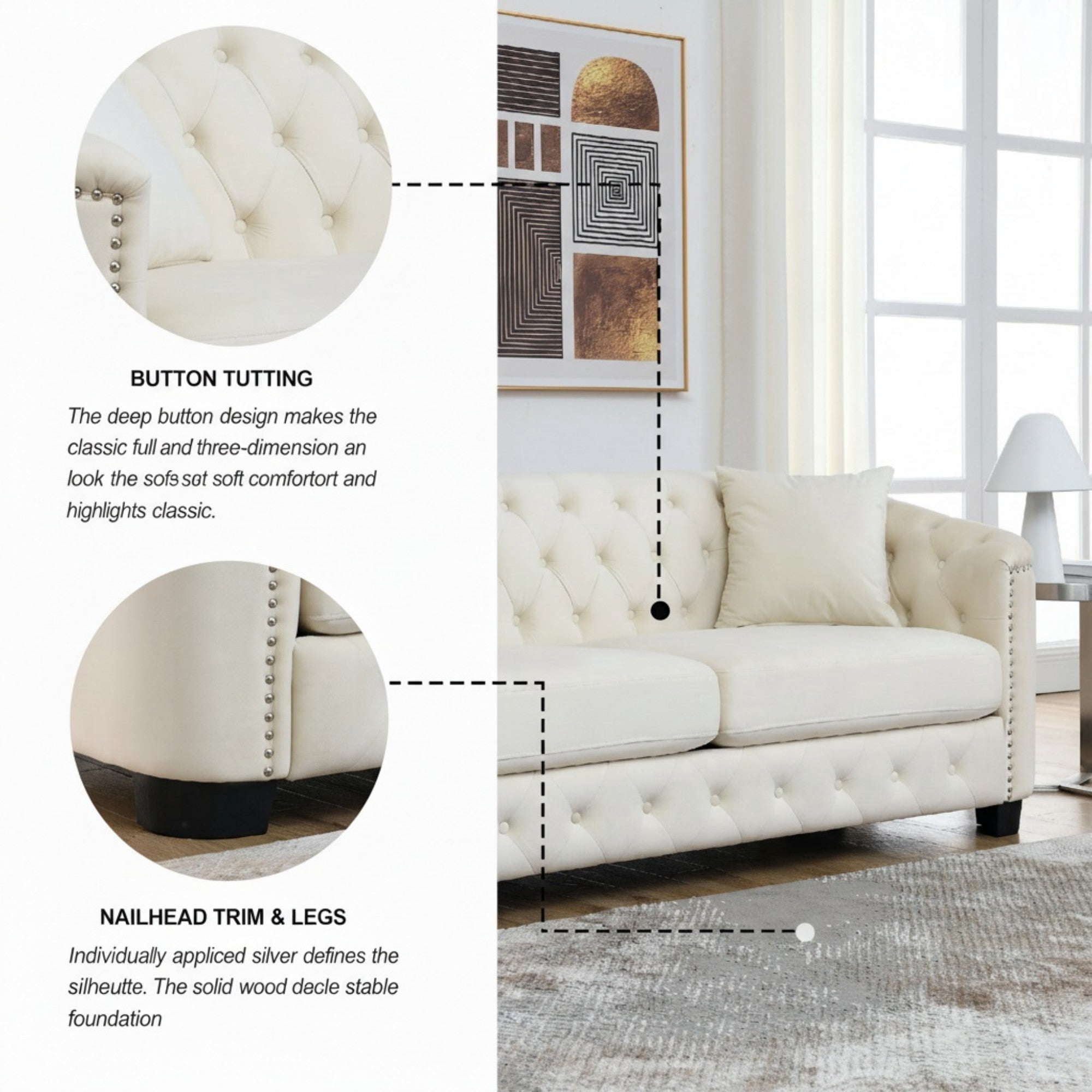 Sailvan 77" Modern Chesterfield Velvet Sofa, 3-Seater Tufted Upholstered Couch with Nailhead Trim & 2 Pillows for Living Room, Office Beige