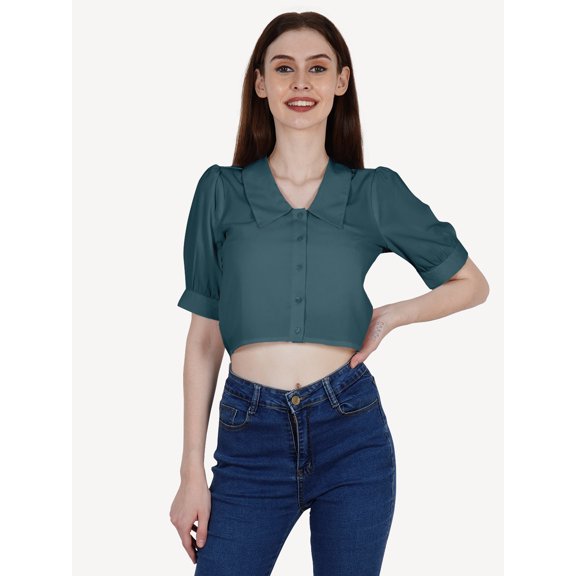 DressBerry Women's Solid Poly Crepe Crop Shirt Casual Summer Buttoned Front Collared Neck Puffed Elbow Sleeves Western Style Slip-On Light Weighted High Waist Shirt Top