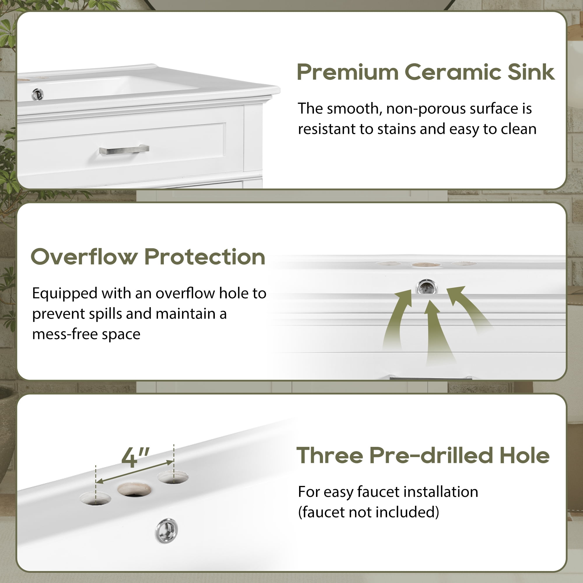Euroco 30-inch bathroom vanity with ceramic basin, soft close door and adjustable shelves