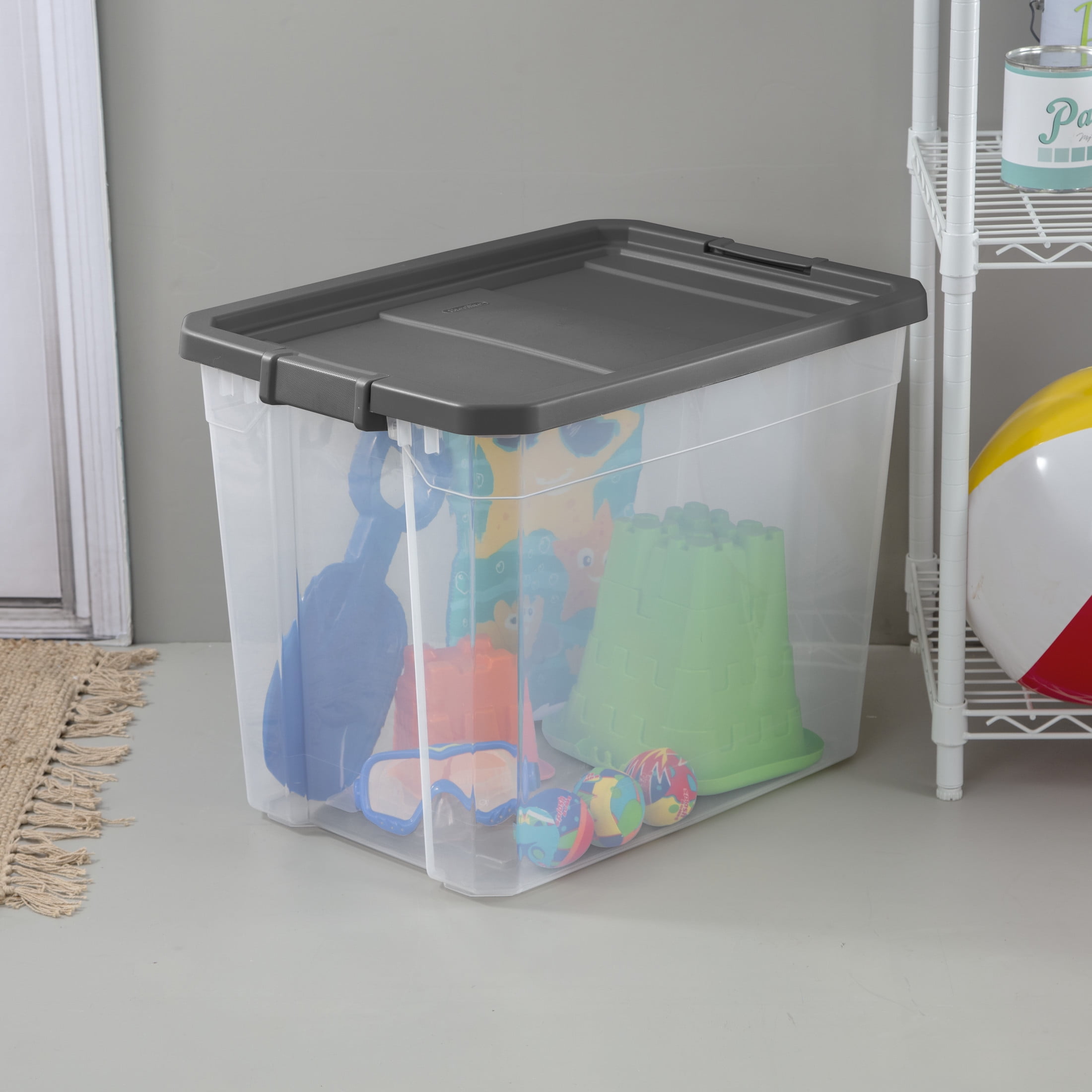 (2 pack) Sterilite 108 Quart Extra-Large Stackable Storage Bin, Clear Plastic Storage Container with Latch Lid, Dark Gray