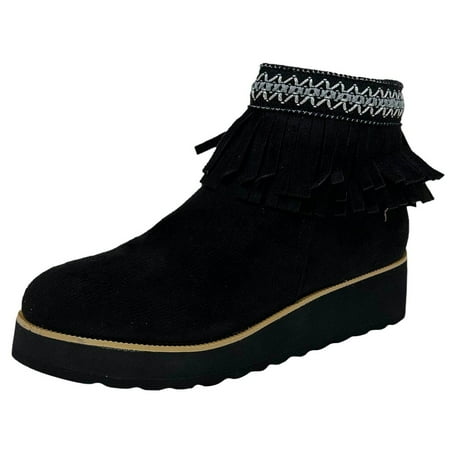 GHSOHS Cowboy Boots for Women Waterproof Boots Ankle Boots Shoes Black Booties Women Soft Sole Thick Wedge Heel Tassel Frosted Suede Bare Boots Cowgirl Boot Rain Boots Comfort Booties Size 42