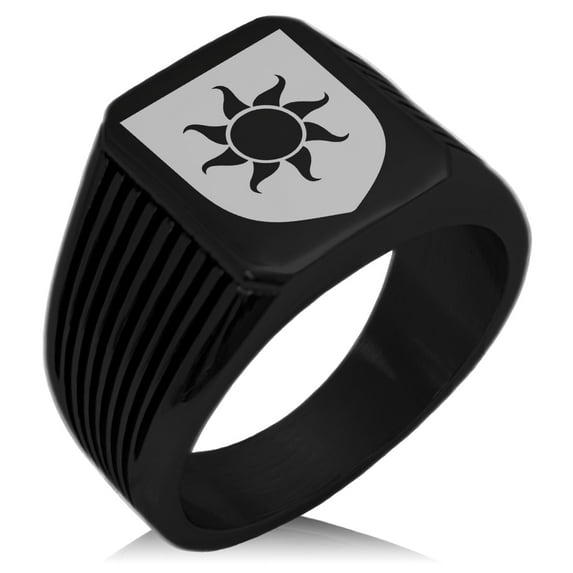 Stainless Steel Sun Splendor Coat of Arms Shield Needle Stripe Pattern Biker Style Polished Ring
