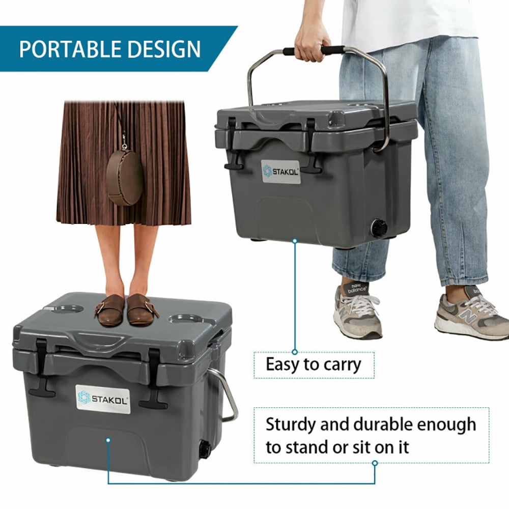 Resenkos 16 Quart 24-Can Capacity Portable Insulated Ice Cooler with 2 Cup Holders-Gray, Portable Freezer for Camping, Truck, RV, Travel, Boat and Home Use