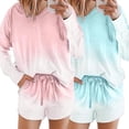 thumbnail image 3 of YESTUNE Women Pajamas Set Long Sleeve Hooded Tops Drawstring Shorts Gradient Loungewear, 3 of 19