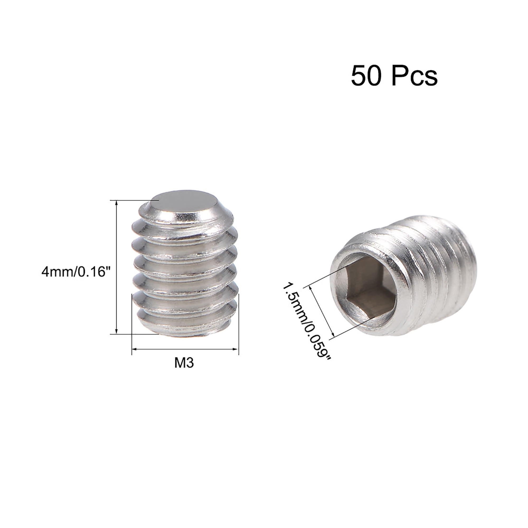 50 Pcs M3x4mm Metric 304 Stainless Steel Hex Socket Set Flat Point Grub Screws Silver Tone for Towel Rack Door Knob （M3x4mm）
