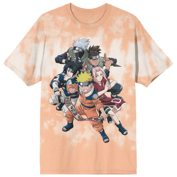 Naruto Classic Group With Scroll Crew Neck Short Sleeve Peach Break Wash Men's T-shirt-XL